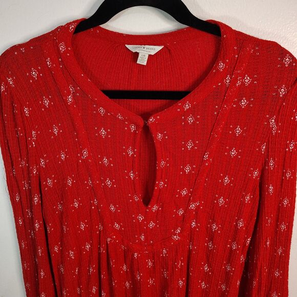 LUCKY BRAND Red Boho LARGE Women's Long Sleeve Stretchy Keyhole Blouse - Picture 2 of 4